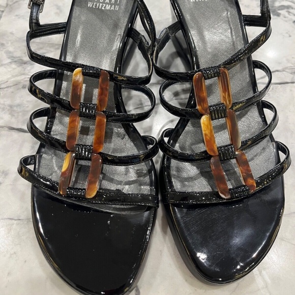 Sandales Plateforme Stuart Weitzman - Cuir Verni Tortue Marron - Taille 8 M - Occasion Comme Neuve